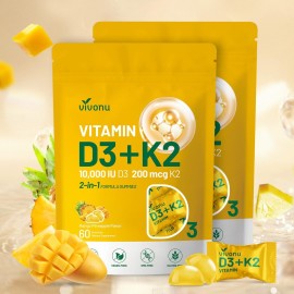 Vitamin D3 K2 Gummies, D3 10000 IU & MK7-200 mcg, 2 in 1 Vitamins D & K Complex | Vitamina D3 con K2 | Supports Calcium Absorption, Bone, Immune, & Heart Health, Easy to Carry and use (120 Gummies)