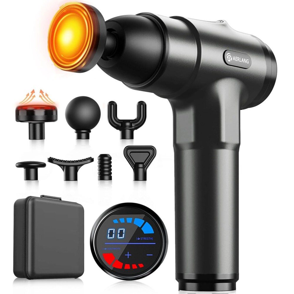 AERLANG Massage Gun with Heat Deep Tissue Back Massager Neck Massager for Pain Relief,Muscle Percussion Massage Gun, Birthday Gifts for Men Women Dad him Handheld Message Gun with 7Heads&Silent