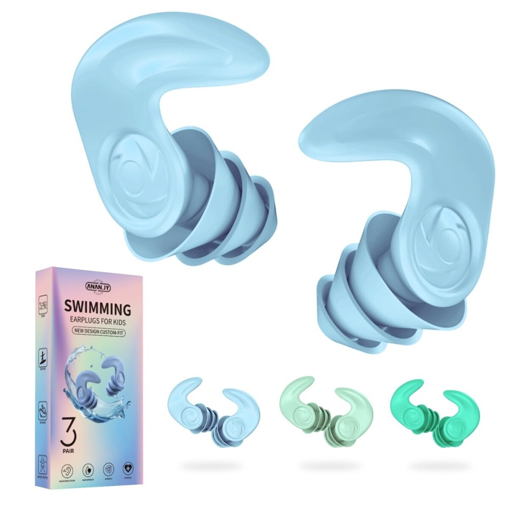 Kids Swimming Ear Plugs - 3 Pairs Reusable Waterproof Silicone Earplugs for Children (Ages 4-12), Soft & Comfortable Swim Ear Protection for Surfing, Diving, Pool, Showering & Water Sports