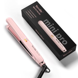 Terviiix Mini Hair Straightener Adjustable Temp, Travel-Size Mini Flat Iron, Mini Flat Irons for Short Hair/Curls Bangs, Ceramic Portable Small Hair Curler, Dual Voltage, Auto-Off, 1/2\'\', Matte Pink