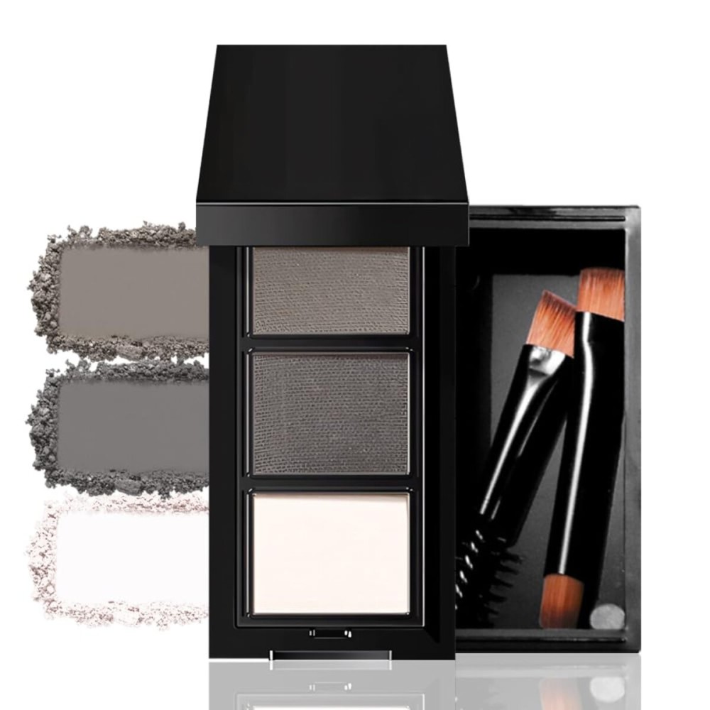 FeiCuiYun 3 Colors Eyebrow Powder Kit for Women, Long-Lasting Waterproof Matte Brow Powder, Eye Brow Powder with 2 Double-ended Eyebrow Brush, Purse-Friendly Compact (A03Black Tea, 1Pcs)