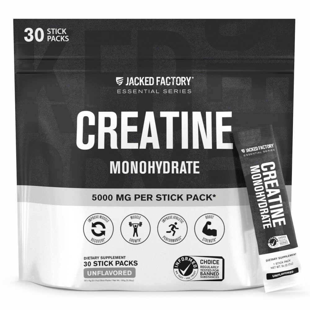 Jacked Factory Creatine Monohydrate Stick Packs 150g - 5g Daily Creatine Supplement for Men and Women, Vegan-Friendly, Third-Party Tested - 30 Servings, Unflavored