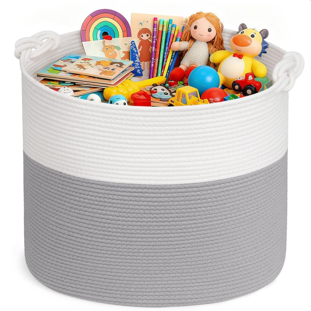 Goodpick 17x16 Toy Storage for Kids, Home Dcor Living Room, Baby Basket for Nursery Playroom, Soft Woven Cotton Rope Baskets for Blankets Pillows Clothes, Grey