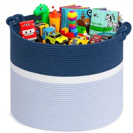 Goodpick 17x16 Toy Storage for Kids, Home Dcor Living Room, Baby Boy Gifts Basket for Nursery Playroom, Soft Woven Cotton Rope Basket for Blankets Pillows Clothes, Blue