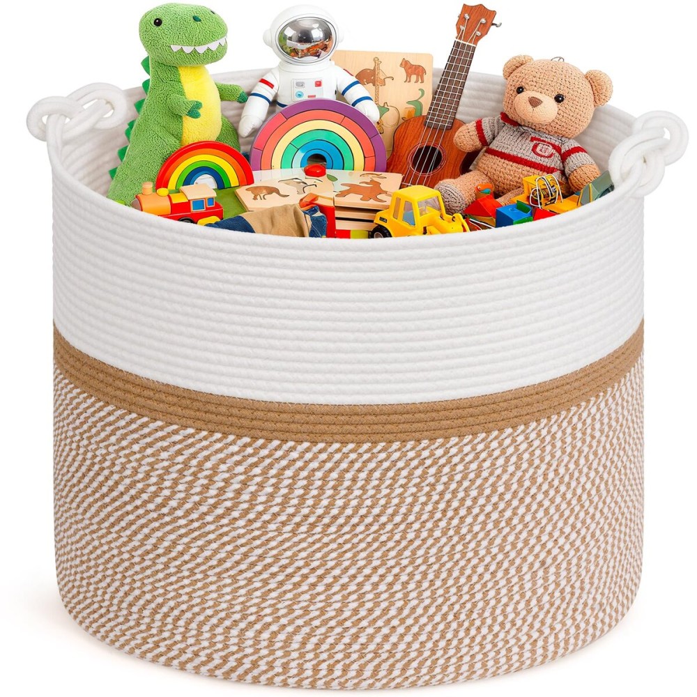 Goodpick 17x16 Toy Storage for Kids, Home Dcor Living Room, Woven Laundry Basket for Blankets Pillows Clothes, Baby Basket for Fall Decorations, White & Camel