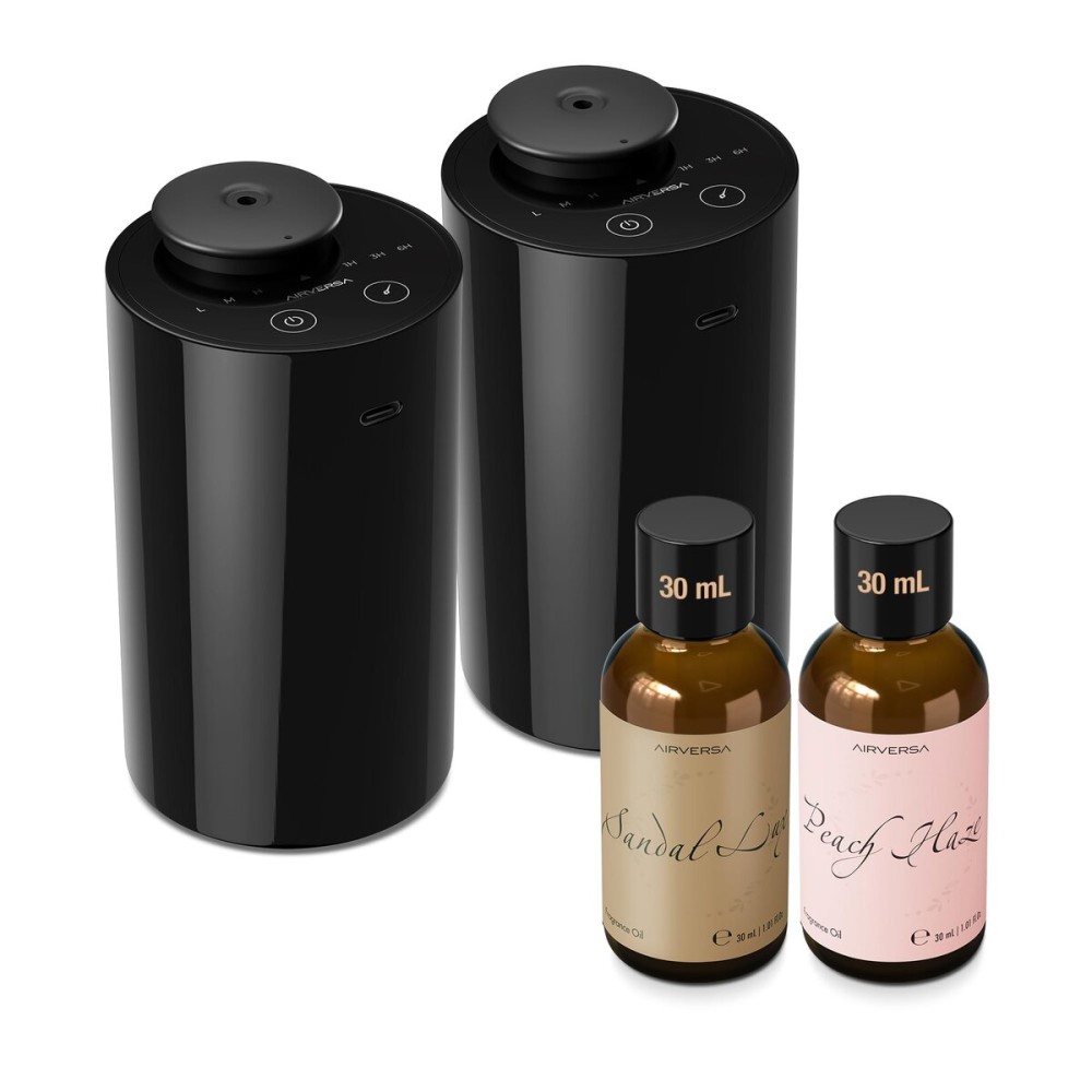 Airversa Waterless Essential Oil Diffuser Starter Kit with 2 x 30mL Fragrance Oil, Battery Operated Mini Scent Air Machine Portable Diffuser for Home Car Office Room, Black AN6 2 Packs Kit