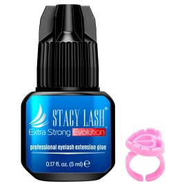 STACY LASH Extra Strong Evolution Eyelash Extension Glue (0.17fl.oz / 5ml) / 0.5-1 Sec Dry/Retention - 8 Weeks/Professional Black Adhesive/Lash Tech Supplies + Glue Ring