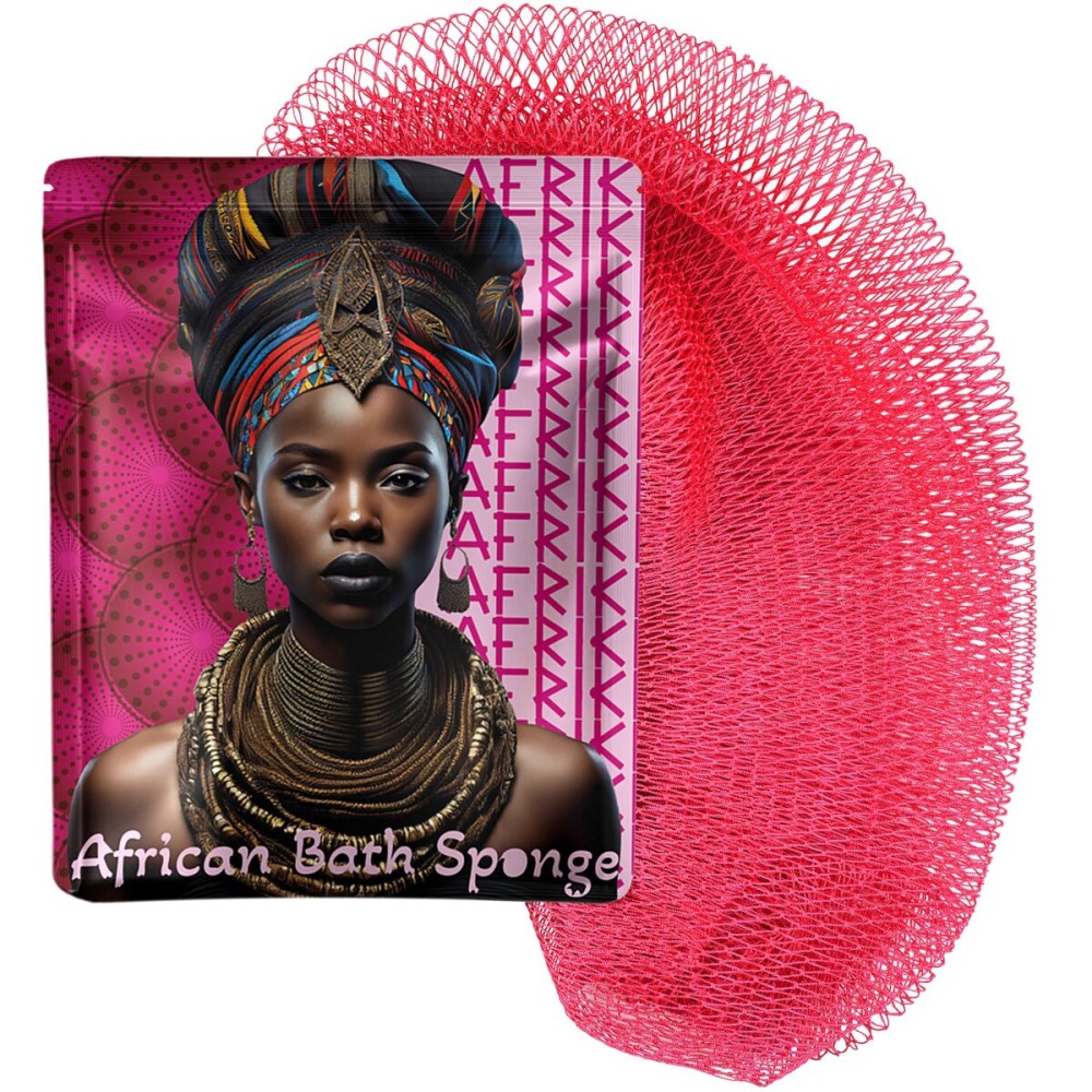 AFRIKI African Net Sponge - Exfoliating Body Scrubber, Black Owned & Rooted in Africa, All Skin Types | 45 in Long (Hibiscus)