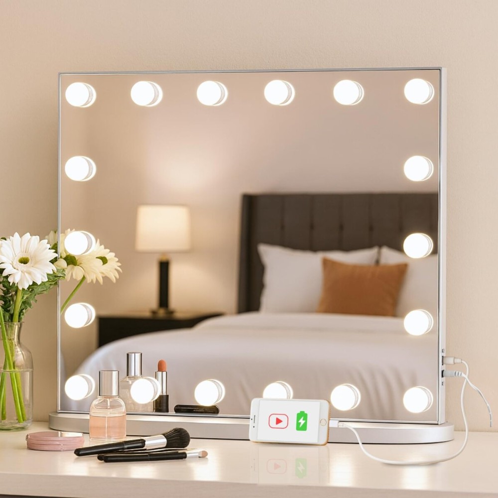 LUXFURNI Hollywood Vanity Mirror with Lights, 23.6 Light Up Makeup Mirror with 18 LED Bulbs for Bedroom, 3 Color Lighting Modes, Tabletop & Wall Mount, USB Charging Port