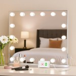 LUXFURNI Hollywood Vanity Mirror with Lights, 23.6 Light Up Makeup Mirror with 18 LED Bulbs for Bedroom, 3 Color Lighting Modes, Tabletop & Wall Mount, USB Charging Port