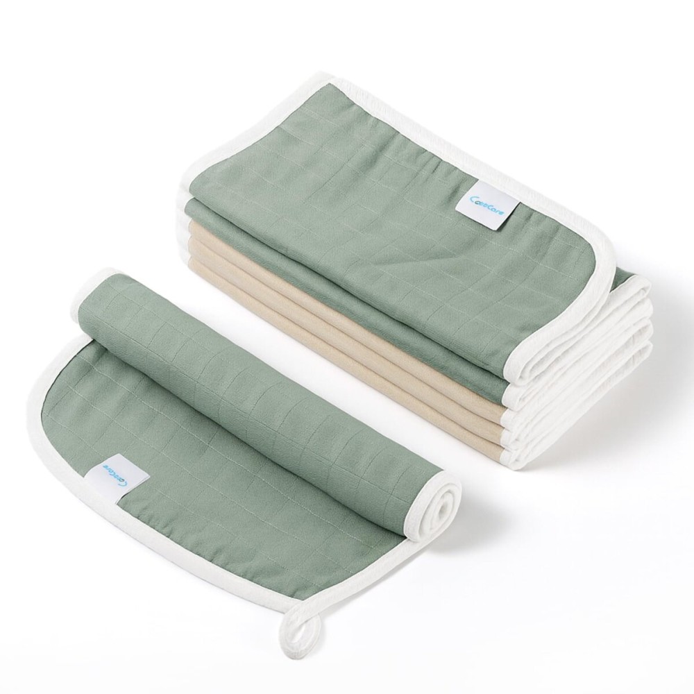 CottCare Muslin Baby Burp Cloths 6 Pack, Soft Skin Friendly 19.5 x 10.5 Burping Cloths for Newborns, Highly Absorbent Baby Essentials for Spit Up and Drool(Green Beige)