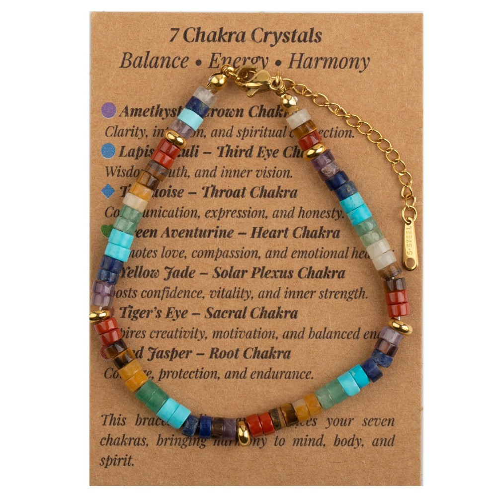 QianCannaor 7 Chakra Bracelet with Natural Healing Crystals - Amethyst, Lapis Lazuli, Turquoise, Green Aventurine, Citrine, Tigers Eye & Red Jasper - Energy, Balance & Spiritual Gift
