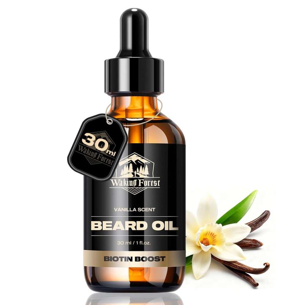 Waking Forest Vanilla Beard Oil for Men - Biotin Mustache Oil with Vitamin E, Rosemary & Castor - Beard Care Softener, Strengthens, and Moisturizes - Beard Conditioner (1 oz)