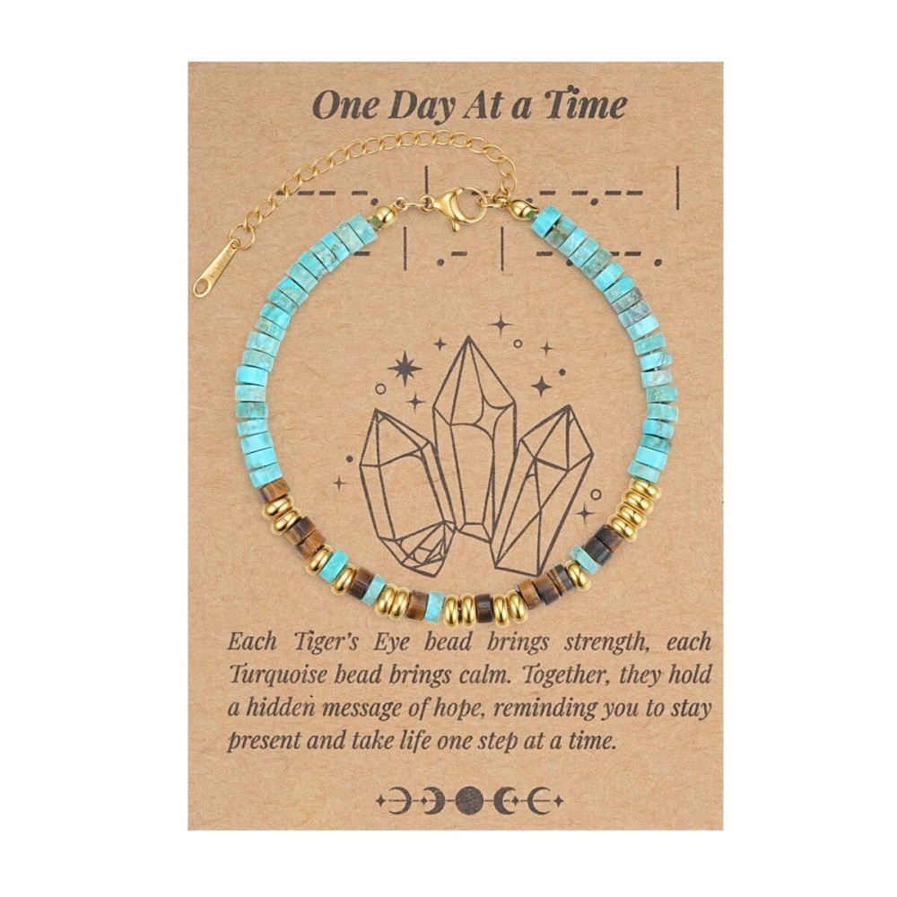 QianCannaor Morse Code Healing Crytals Bracelet - One Day at a Time Hidden Message Jewelry with African Turquoise, Tigers Eye & Gold Beads - Inspirational Healing Crystal Gift