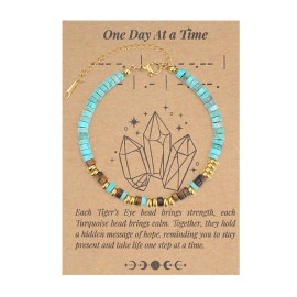 QianCannaor Morse Code Healing Crytals Bracelet - One Day at a Time Hidden Message Jewelry with African Turquoise, Tigers Eye & Gold Beads - Inspirational Healing Crystal Gift