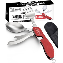 Orblue 4-in-1 Camping Utensils, 1-Pack, Portable Stainless Steel Spoon, Fork, Knife & Bottle Opener Combo Set - Travel, Backpacking Cutlery Multitool, Red
