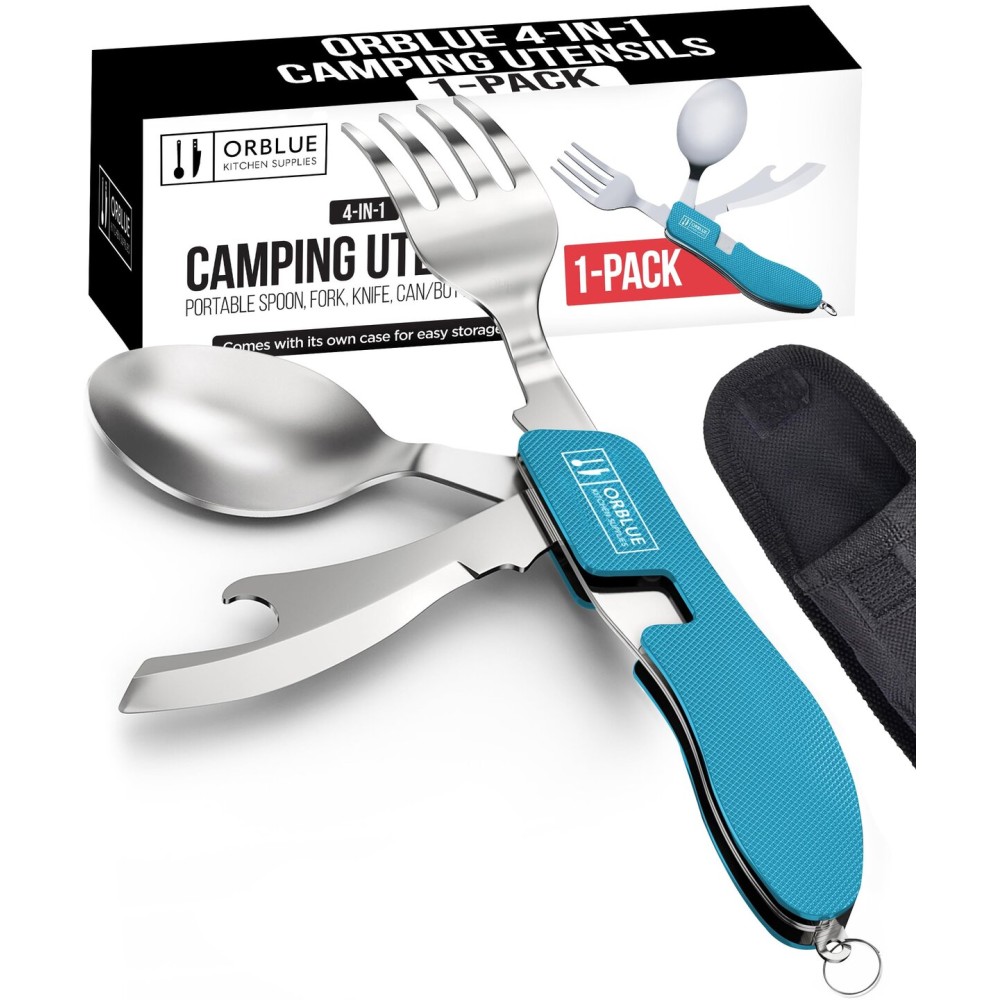 Orblue 4-in-1 Camping Utensils, 1-Pack, Portable Stainless Steel Spoon, Fork, Knife & Bottle Opener Combo Set - Travel, Backpacking Cutlery Multitool, Blue