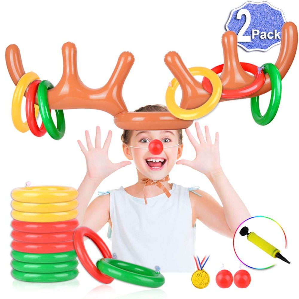 Christmas Games for Family Party, 4 Pack Inflatable Reindeer Antler Ring Toss Game Great Christmas Games for Adults and Kids