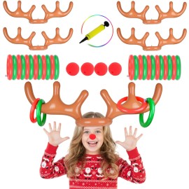 4 Set Inflatable Reindeer Antlers Ring Toss Game, Christmas Games for Family Party Great for Adults and Kids