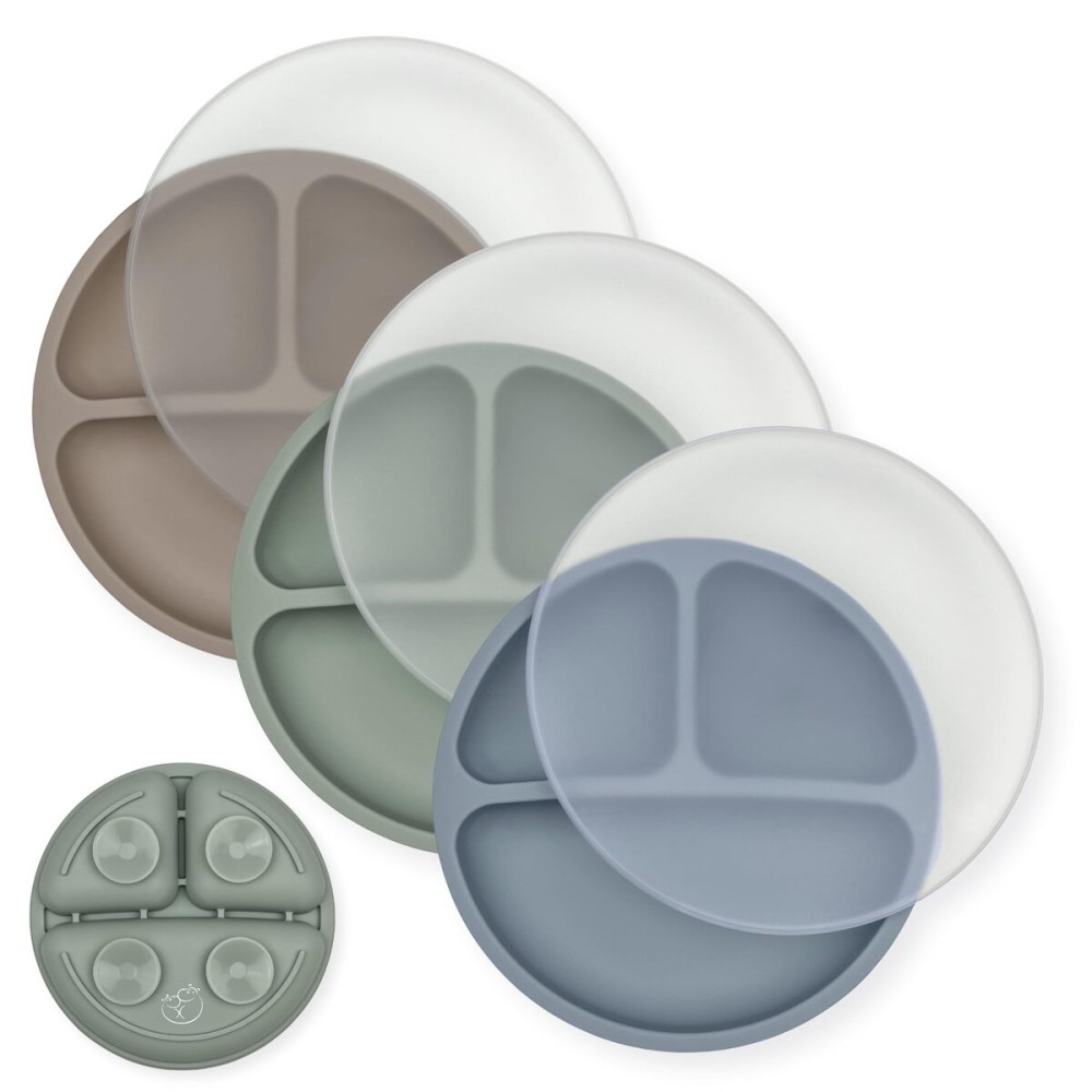 Hippypotamus Toddler Plates with Suction - 100% Food-Grade Silicone Baby Plates with Lids - Microwave & Dishwasher Safe - BPA Free - Set of 3 (Fog/Sage/Taupe with LIDS)