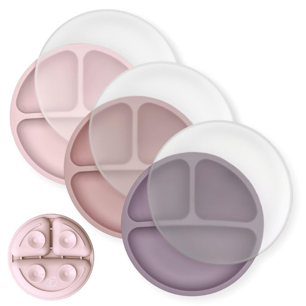 Hippypotamus Toddler Plates with Suction - 100% Food-Grade Silicone Baby Plates with Lids - Microwave & Dishwasher Safe - BPA Free - Set of 3 (Orchid/Blush/Primrose with LIDS)