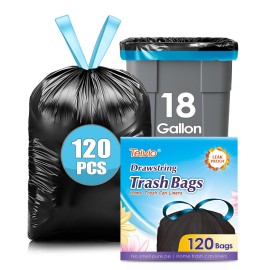 Teivio Drawstring Trash Bags-18 Gallon 120 Counts (fit 16-18 Gal) Large Strong Tall Kitchen Garbage Bags for Home/Office/Light Residential Waste/Outdoor Trash Can, Bin Liners Black