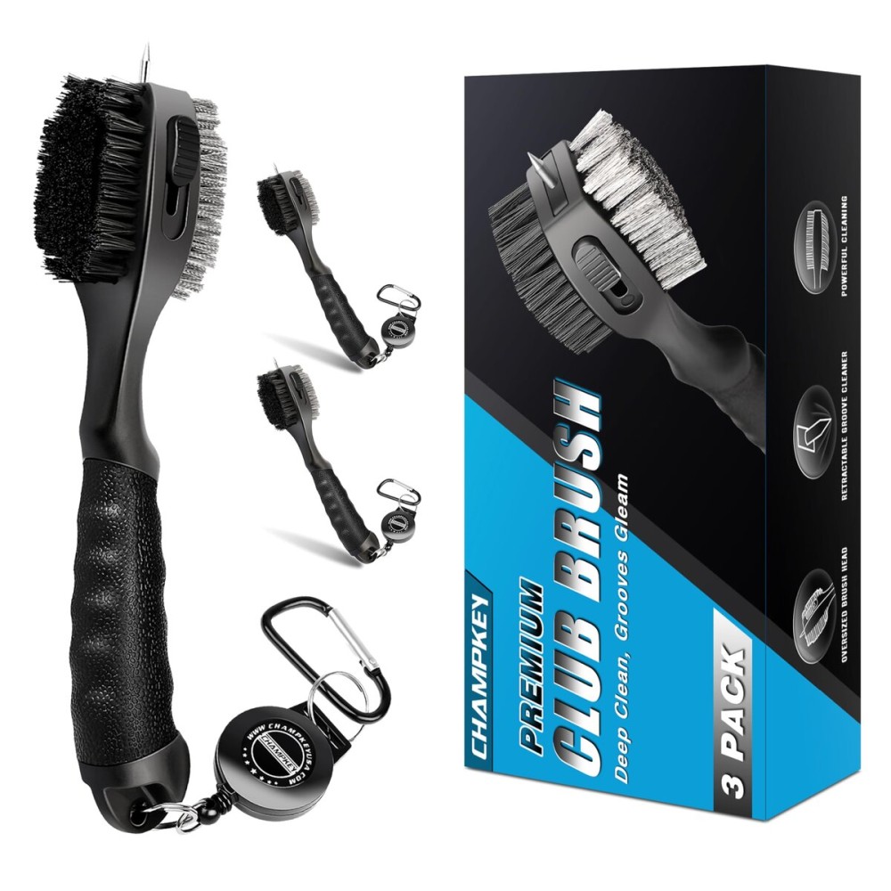 CHAMPKEY PRO Retractable Golf Club Brush - Oversized Brush Head with Soft Rubber Hand Grip & Retractable Groove Cleaner Golf Brush(Black(3 Pcs))