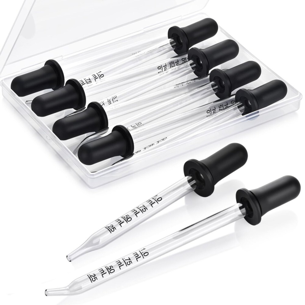 Herain 8 Pack Glass Pipette Eye Dropper, 4 Long Bent & 4 Short Straight Tips, 1 ml Ear Droppers for Essential Oils, Lab, Crafts, Measuring and Transferring a Variety of Liquids