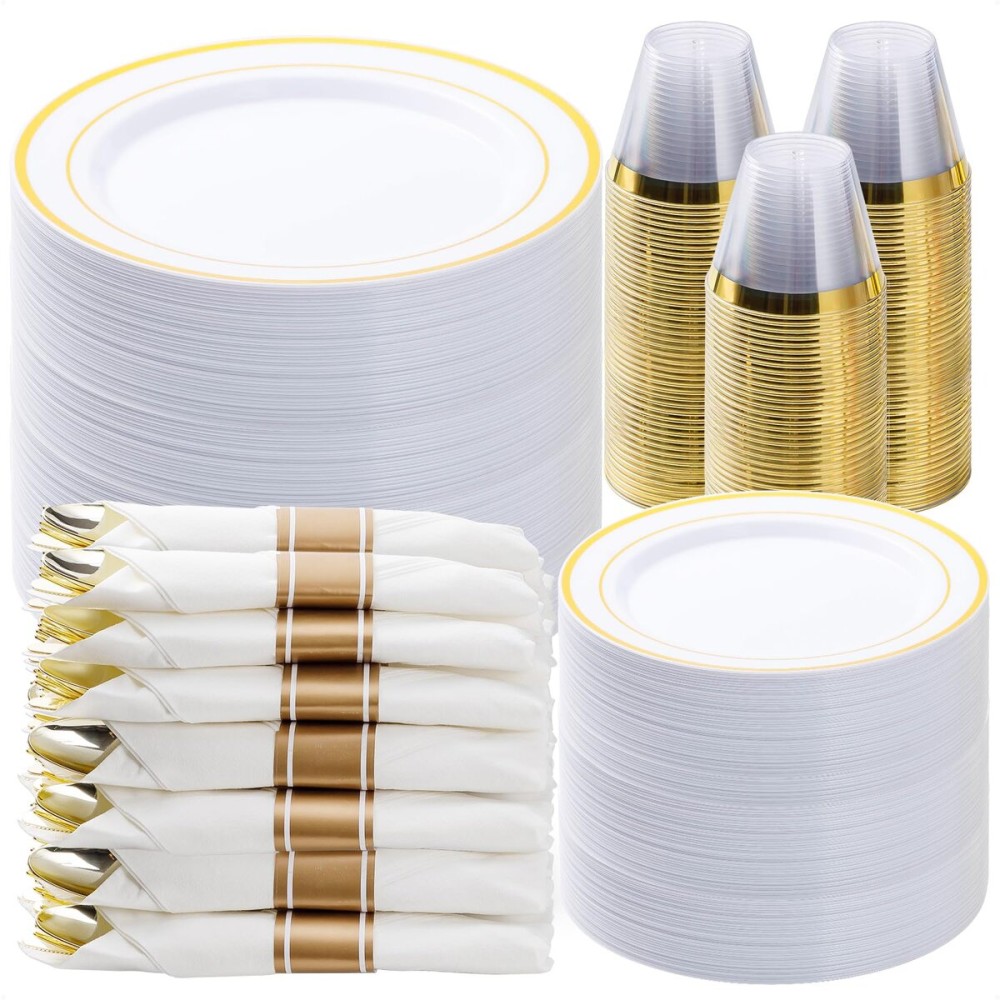 BESTVIP 525PCS Gold Plastic Dinnerware Set for 75 Guests, Disposable Plates for Party, Include: 150 Plastic Plates, 75 Pre Rolled Napkins with Gold Silverware, 75 Cups for Christmas, Halloween