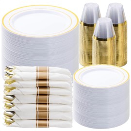 BESTVIP 525PCS Gold Plastic Dinnerware Set for 75 Guests, Disposable Plates for Party, Include: 150 Plastic Plates, 75 Pre Rolled Napkins with Gold Silverware, 75 Cups for Christmas, Halloween