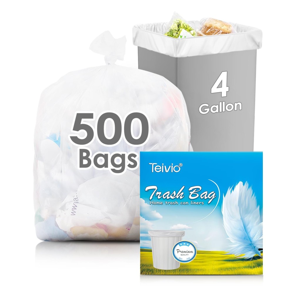 Teivio 4 Gallon 500 Counts Clear Trash Bags Garbage Bags, Mini Waste Basket Liners,Bathroom Trash Can Bin Liners, Small Plastic Bags for Home Office Kitchen Car Bedroom Dog waste Baby Diaper