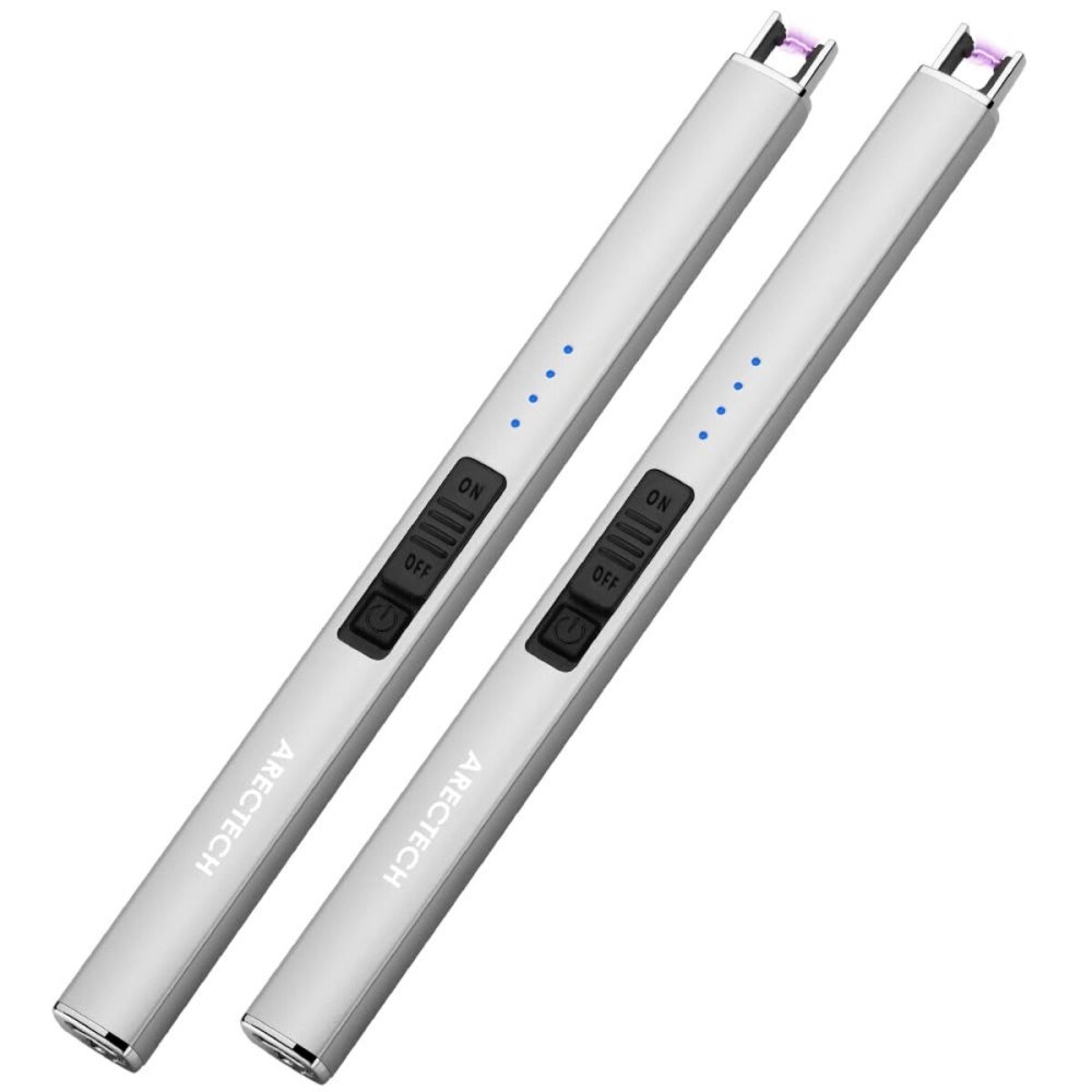 ARECTECH Electric Candle Lighter with Type-C Cable Birthday Gift for Man Women Wife Rechargeable Plasma Arc Lighters for Candle Camping Kitchen Stove Silver 2 Pack
