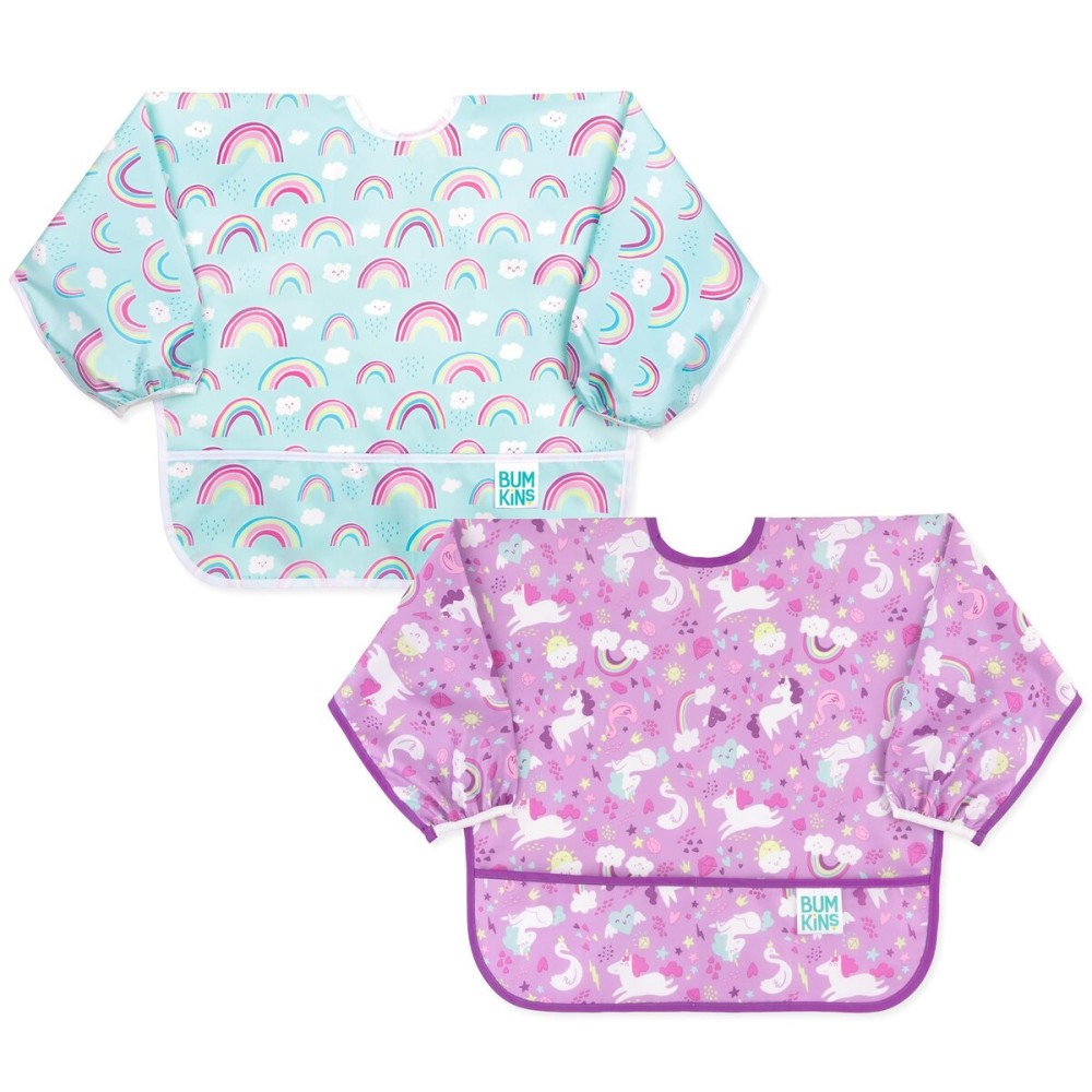 Bumkins Sleeved Bib, Waterproof Fabric, Unicorns & Rainbows, 2-pack
