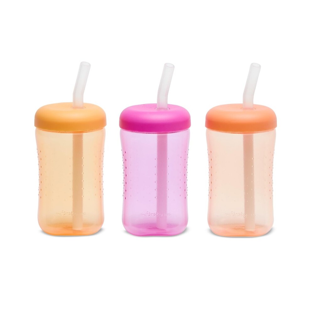 The First Years Squeeze & Sip Toddler Straw Cups - Squeezable Transition Sippy Cup with Silicone Straw - Toddler Feeding Supplies - Yellow/Pink/Orange - 7 Oz - 3 Count - Ages 6 Months and Up