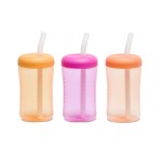 The First Years Squeeze & Sip Toddler Straw Cups - Squeezable Transition Sippy Cup with Silicone Straw - Toddler Feeding Supplies - Yellow/Pink/Orange - 7 Oz - 3 Count - Ages 6 Months and Up