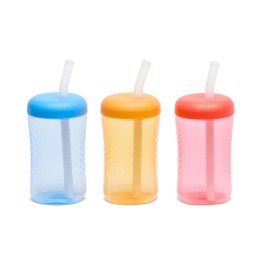 The First Years Squeeze & Sip Toddler Straw Cups - Squeezable Transition Sippy Cup with Silicone Straw - Toddler Feeding Supplies - Blue/Yelllow/Red - 7 Oz - 3 Count - Ages 6 Months and Up