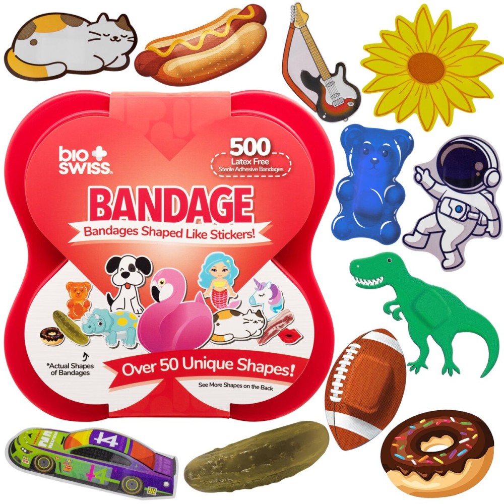 BioSwiss Bandages, Assorted Self Adhesive Bandage, Latex Free Sterile Wound Care, Fun First Aid Kit Supplies for Kids, 500 Count