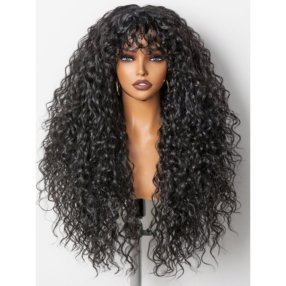 GORGIUS Veralux Blend Shaggy Haircuts Natural Black 26 Inch Curly Wig with Bangs Crafted with Style-Archive Technology: Premium Fiber & Remy Human Hair Blended, Realistic Look with True Scalp