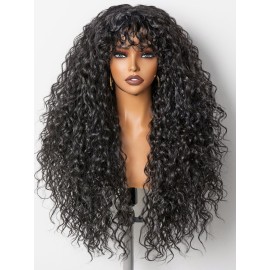 GORGIUS Veralux Blend Shaggy Haircuts Natural Black 26 Inch Curly Wig with Bangs Crafted with Style-Archive Technology: Premium Fiber & Remy Human Hair Blended, Realistic Look with True Scalp