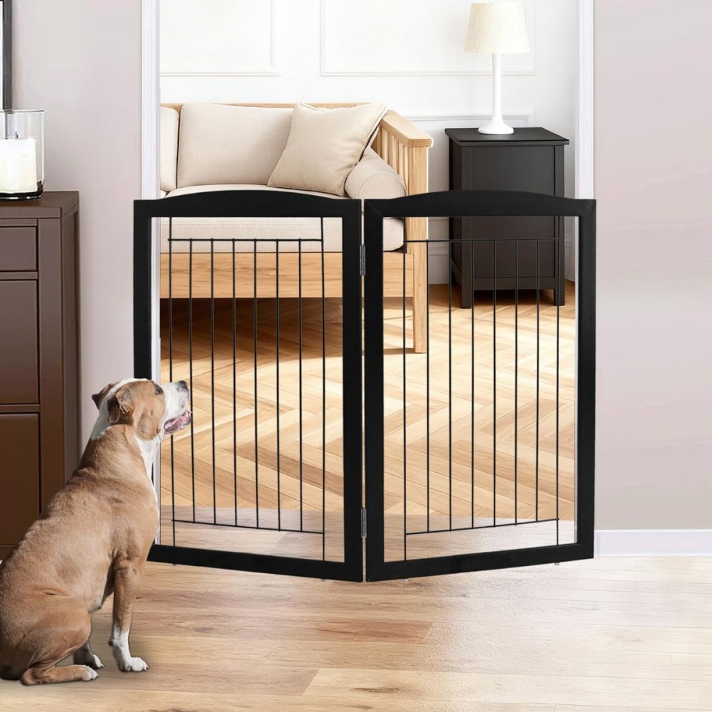 ZJSF Freestanding Foldable Dog Gate for House Extra Wide Wooden Indoor Puppy Gate Stairs Doorways Pet Gate Tall Dog Fence 2 Panels Fence Black
