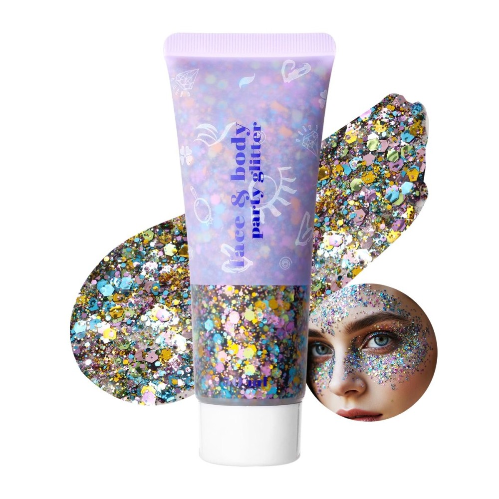 DAGEDA Carnival Body Glitter Gel, Holographic Face Glitter Rave Party Accessories, Chunky Glitters for Hair Eyes Nails, Cosmetic Laser Powder Festival Sequins Paint Makeup