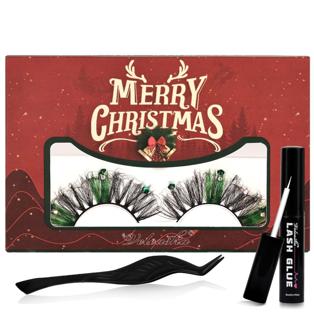 Veleasha Lashes Kit Christmas Eyelashes Green Fluffy Volume False Eyelashes for New Year With Waterproof Black Lash Glue and Tweezers 100% Handmade Santa Lashes (Jingle Bells)