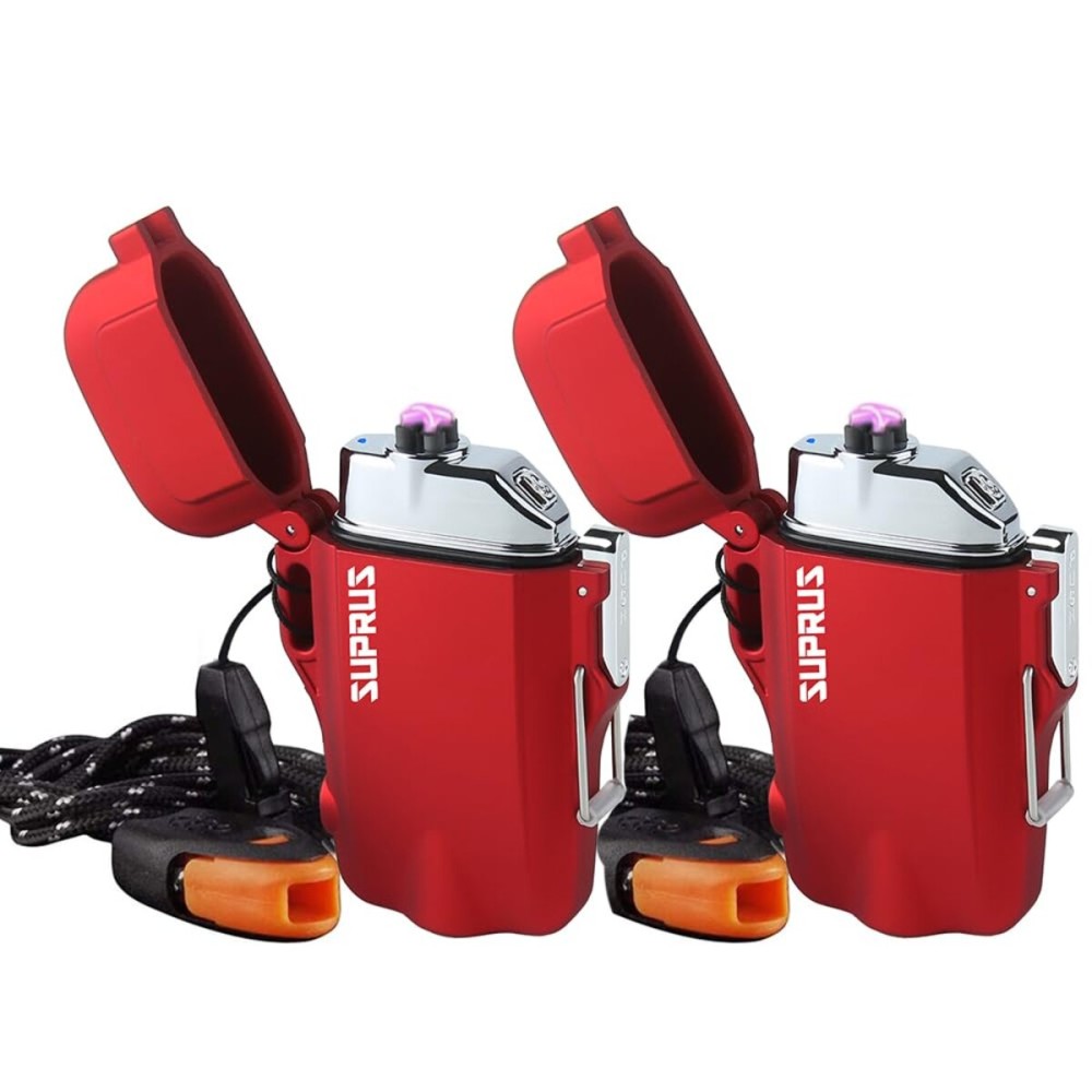 SUPRUS Waterproof 3 Modes of Flashlight Windproof Lighter Dual Arc Electric Rechargeable Dual Arc Plasma Lighters with Survival Emergency Whistle and Lanyard (Red, 2 Packs)