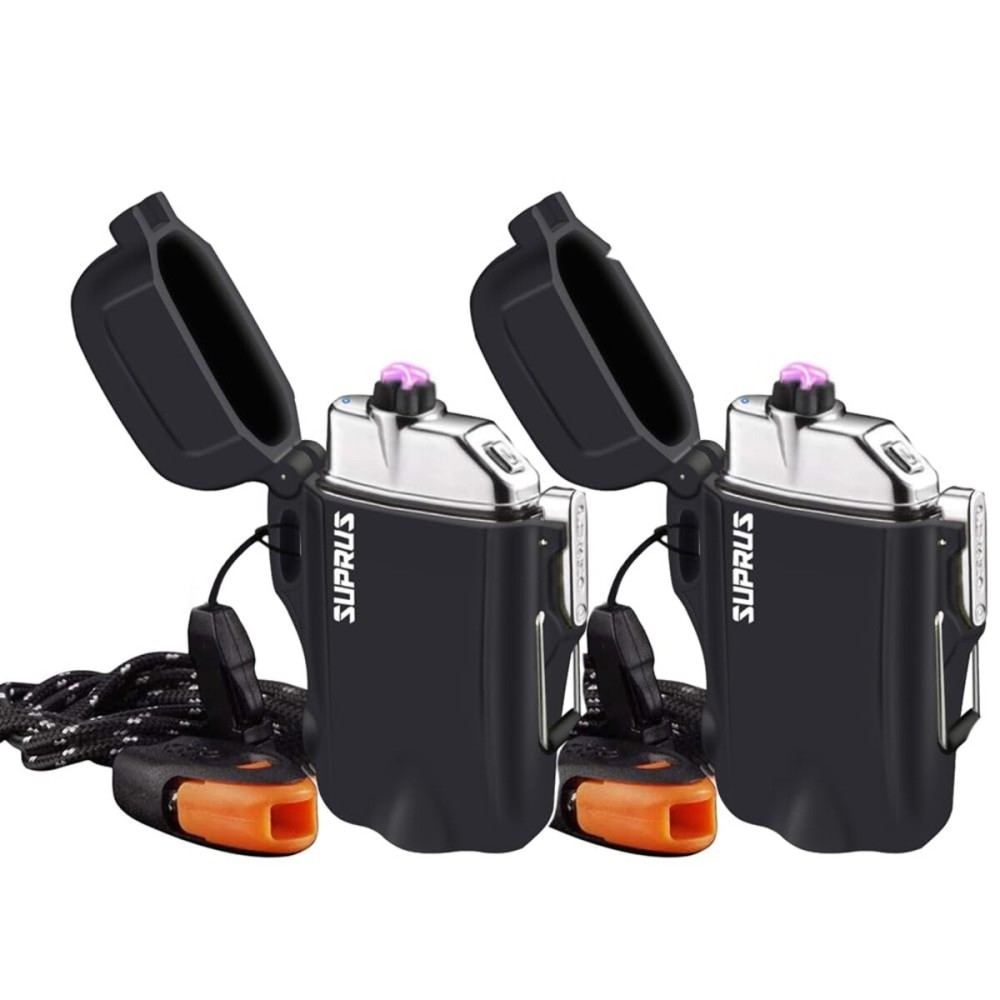 SUPRUS Waterproof 3 Modes of Flashlight Windproof Lighter Dual Arc Electric Rechargeable Dual Arc Plasma Lighters with Survival Emergency Whistle and Lanyard (Black,2 Packs)
