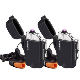 SUPRUS Waterproof 3 Modes of Flashlight Windproof Lighter Dual Arc Electric Rechargeable Dual Arc Plasma Lighters with Survival Emergency Whistle and Lanyard (Black,2 Packs)