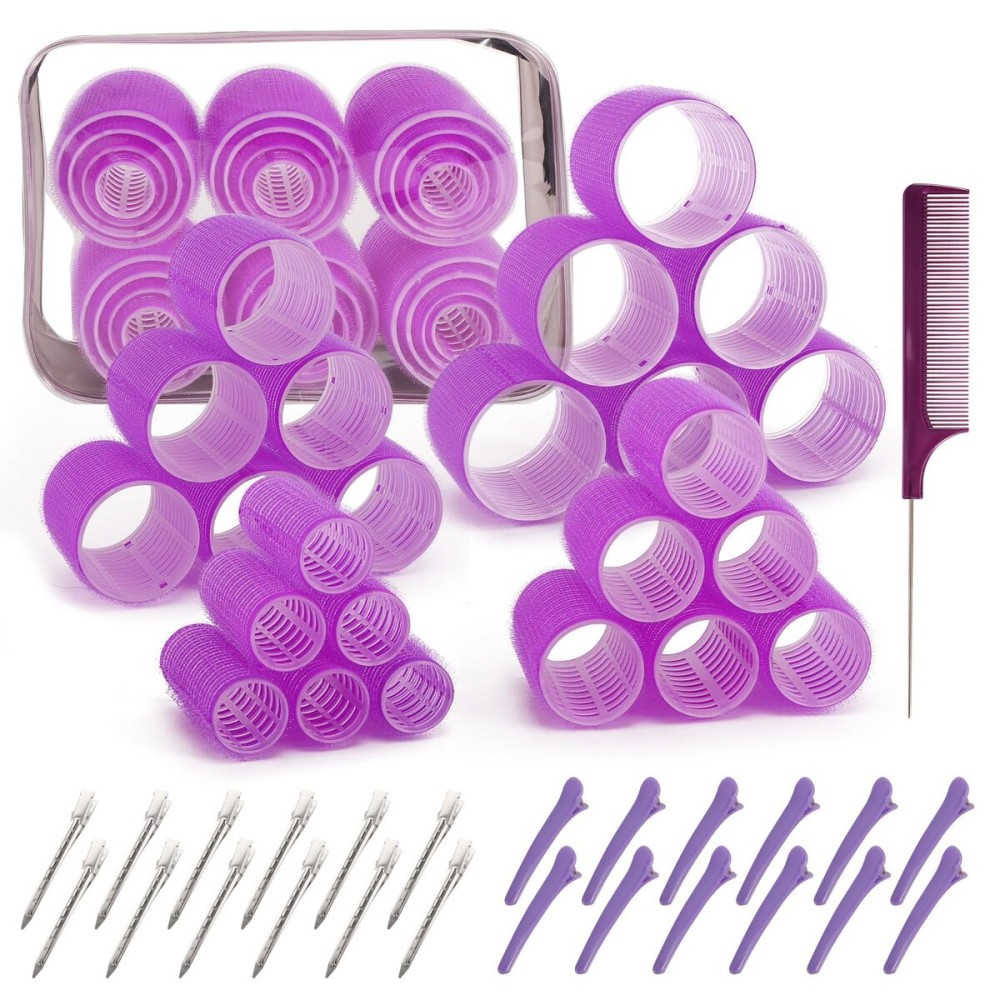 4 Sizes Hair Rollers for Women Set - 50 Pcs Hair Curler Rollers with Clips, Self Grip Hair Rollers for Long, Short Hair and Bangs, 25mm, 36mm, 48mm, 60mm, Purple