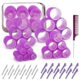 4 Sizes Hair Rollers for Women Set - 50 Pcs Hair Curler Rollers with Clips, Self Grip Hair Rollers for Long, Short Hair and Bangs, 25mm, 36mm, 48mm, 60mm, Purple