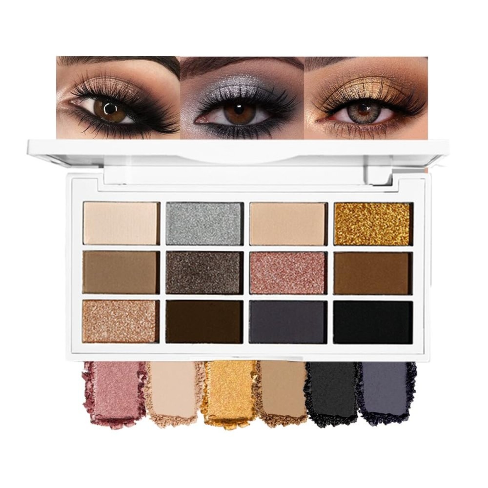 evpct 12 Colors Matte Shimmer Pressed Eye Shadow Palette Makeup for Women, Beige Light Neutral Nude Brown Cocoa Taupe Black Smoky, Silver Bronze Gold Rose Champagne Shimmer, Eyeshadow Contour Palette
