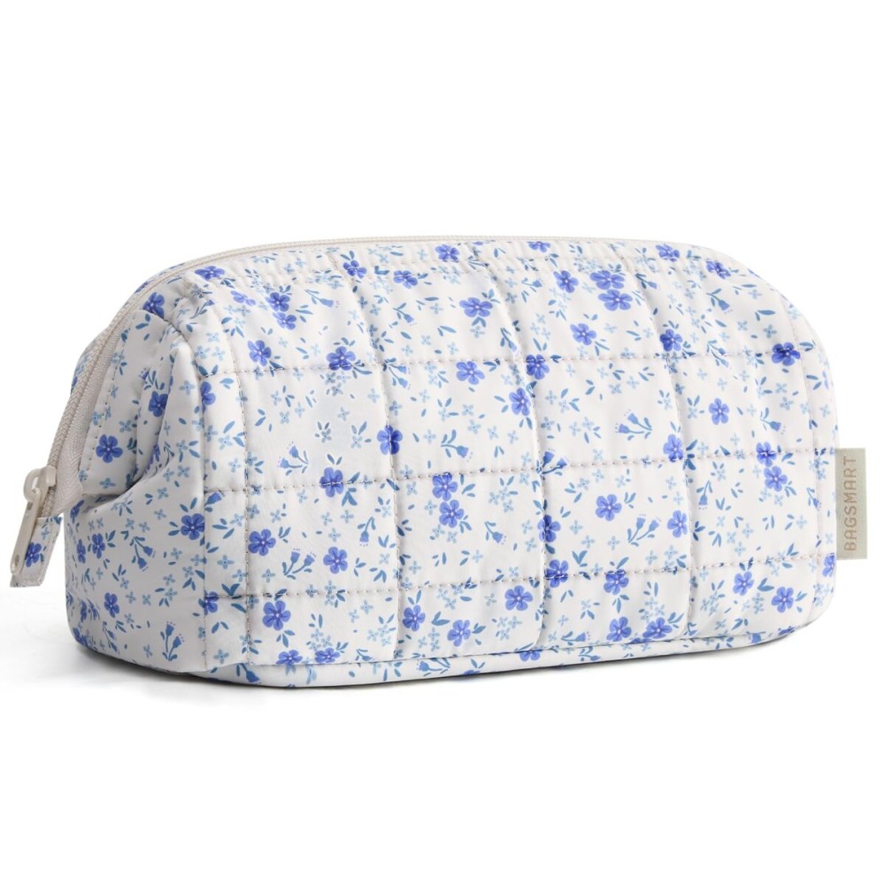 BAGSMART Makeup Bag Travel Toiletry Bag, Puffy Padded Make Up Bags for Women Makeup Organizer Case, Wide-open Pouch Purse Travel Essentials Toiletries Accessories Brushes, Blue Ditsy Floral