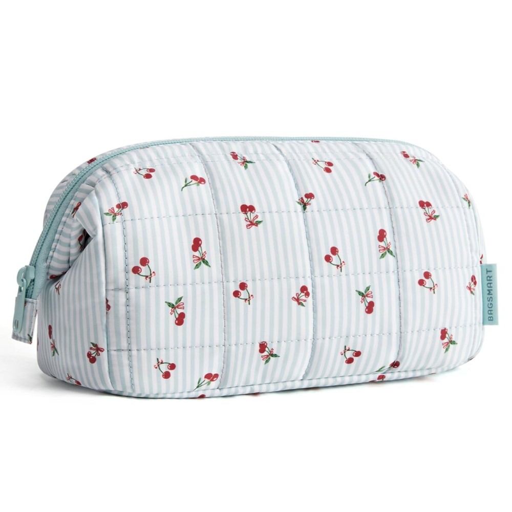 BAGSMART Makeup Bag Travel Toiletry Bag, Puffy Padded Make Up Bags for Women Makeup Organizer Case, Wide-open Pouch Purse Travel Essentials Toiletries Accessories Brushes, Ditsy Cherry